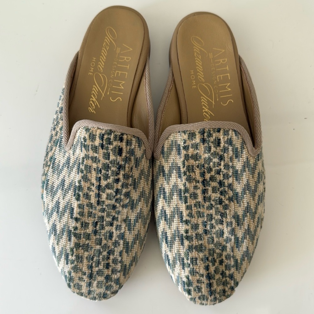Artemis Design Co. Beige and Blue Patterned Mules
